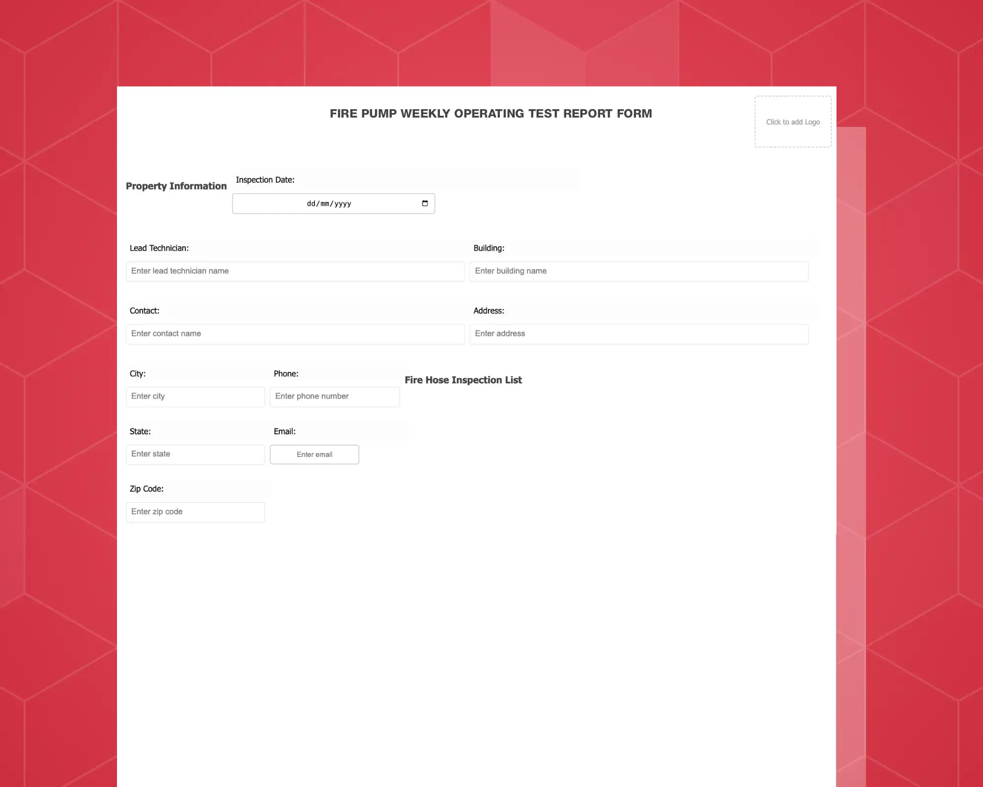 Fire Pump Weekly Operating Test Report Form