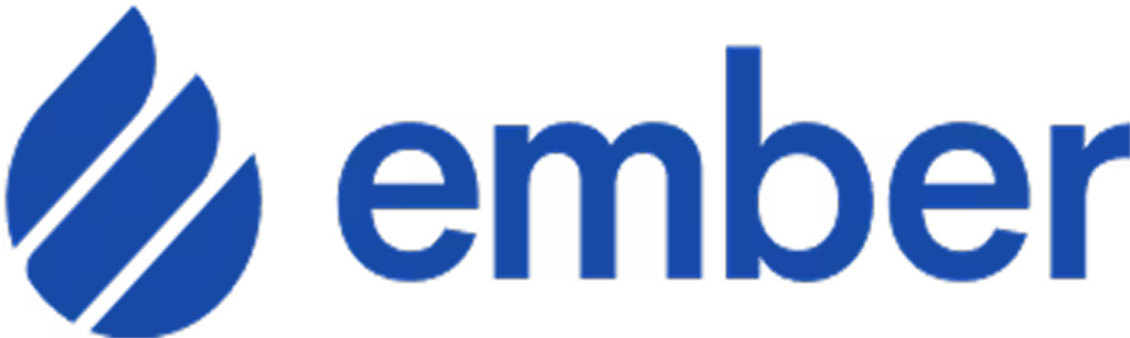 Ember.js logo: a blue flame icon followed by the word 'ember' in blue.