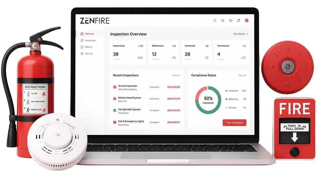 Laptop displaying a fire safety software dashboard surrounded by a fire extinguisher, smoke detector and fire alarm pull station on a white background - emphasizes safety monitoring